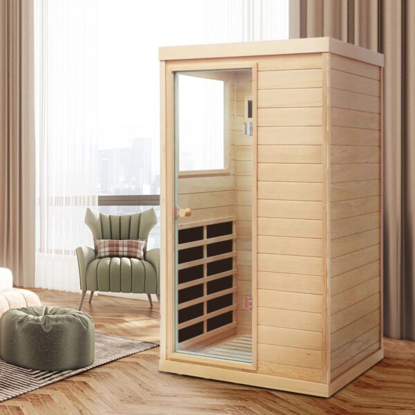 Hemlock Mini One Person Far Infrared Door On The Left Of The Indoor Sauna Room