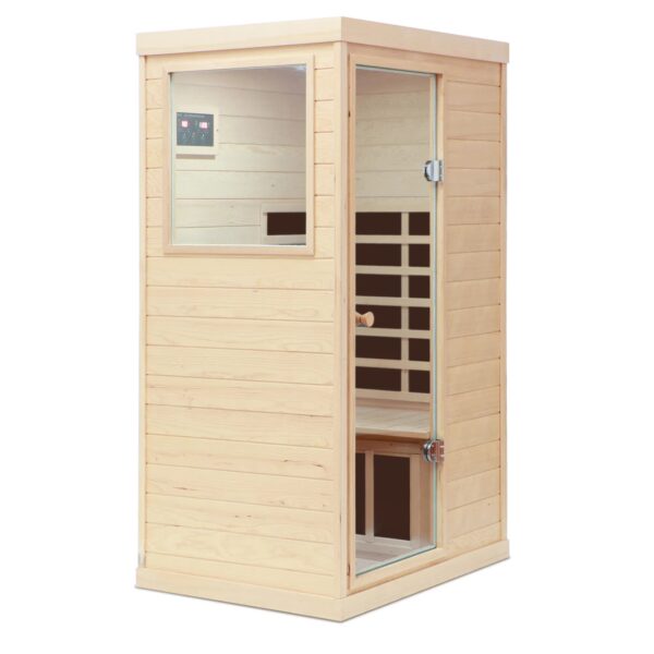 Hemlock Mini One Person Far Infrared Door On The Left Of The Indoor Sauna Room